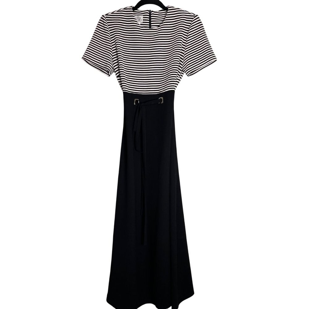 Vintage David Warren Dress Black & White Size 8 Strips Belt Zip